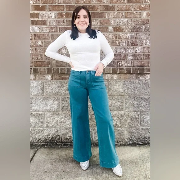 Judy Blue Teal Mid Rise Utility Wide Leg Jeans JB881061REG JB881061PL - Picture 3 of 8